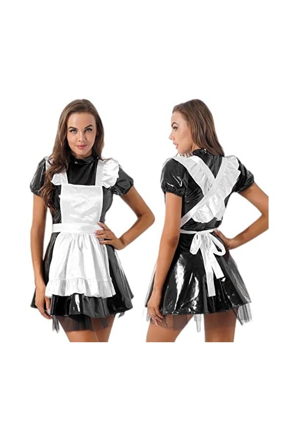 CHOUBAGUAI Robe de soubrette pour femme en cuir verni, col montant, manches bouffantes, tablier à nouer à volants, noir, M