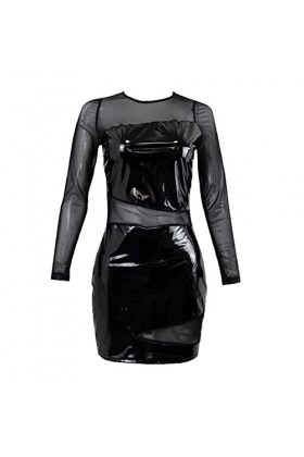 Womens Wetlook Patent Leather Dress See Through Sheer Mesh Patchwork Cutout Dresses,Black,L
