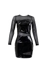 Womens Wetlook Patent Leather Dress See Through Sheer Mesh Patchwork Cutout Dresses,Black,L