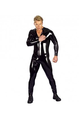 XLBHSH Combinaison sexy en cuir verni effet mouillé à manches longues avec fermeture éclair pour homme Noir Taille XL