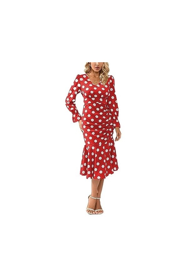 Robe Sirène Plissée À Manches Longues pour Femmes Sexy Imprimée À Pois Mode Col en V Manches Trompette Moulante Dress Automne