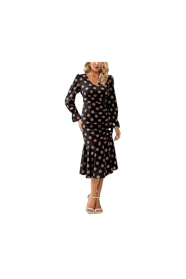 Robe Sirène Plissée À Manches Longues pour Femmes Sexy Imprimée À Pois Mode Col en V Manches Trompette Moulante Dress Automne