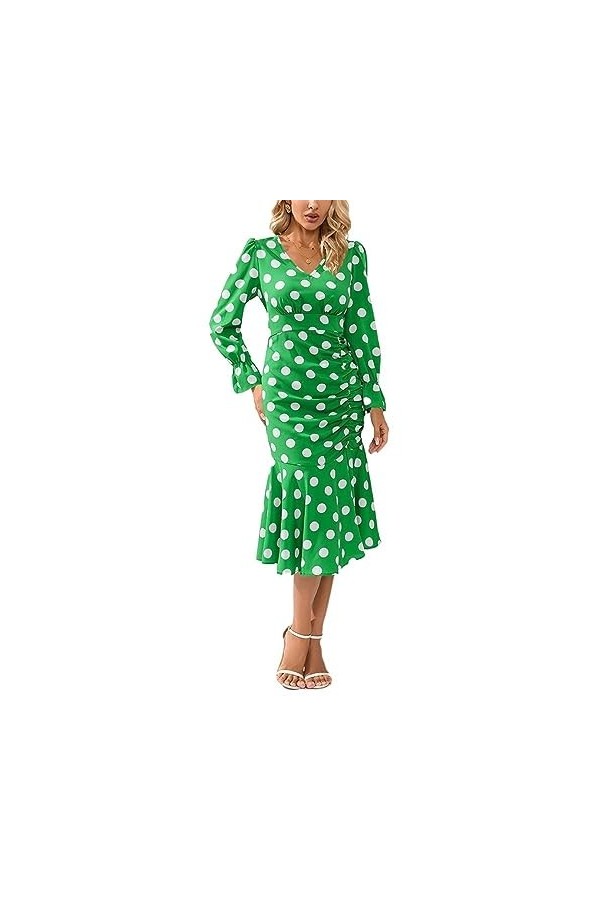 Robe Sirène Plissée À Manches Longues pour Femmes Sexy Imprimée À Pois Mode Col en V Manches Trompette Moulante Dress Automne