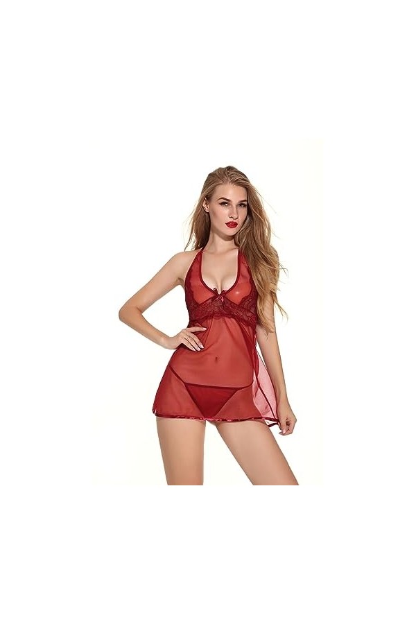 ZTIANEF CorsetSexy lambrissé halterneck lingerie érotique jupe jupe gaze pure, rouge, XXL