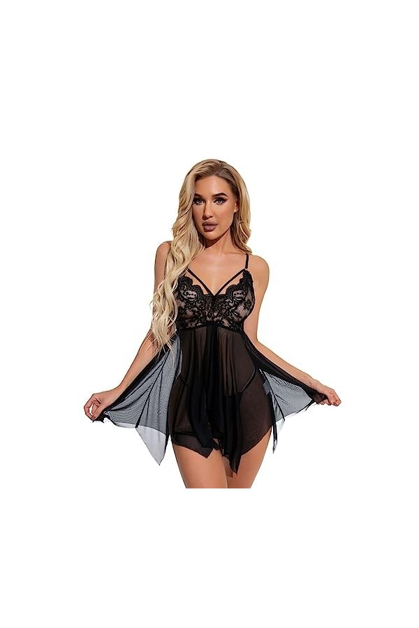 ZTIANEF CorsetLingerie érotique col en V pour femmes mesh bretelles transparentes lingerie sexy, noir, XXL
