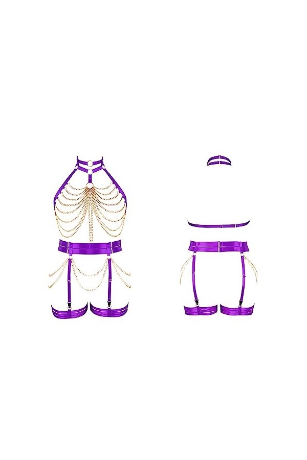 Femmes Body Strap Punk Bra Plus Taille élégant évidé Garter Set Gothique Halloween Carnaval Club Costume 1 Violet 