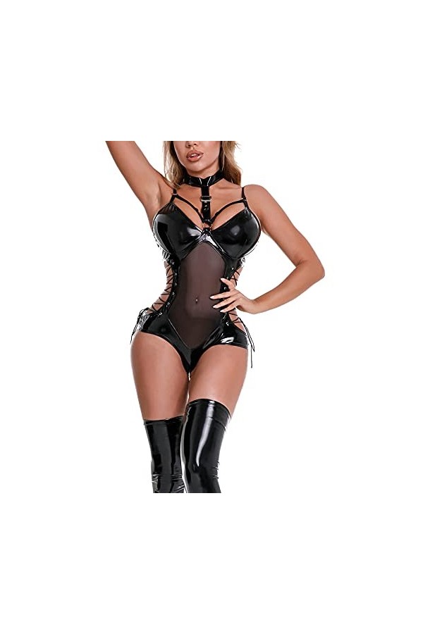 FEOYA- Femme Cuir Catsuit Costume Sexy Cuir PVC Combinaison Bodysuit en Cuir métallique discothèque pôle Danse Costume Catwom