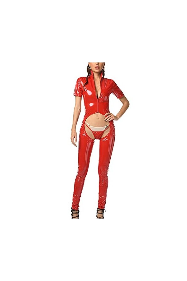 FEOYA- Femme Cuir Catsuit Costume Sexy Cuir PVC Combinaison Bodysuit en Cuir métallique discothèque pôle Danse Costume Catwom