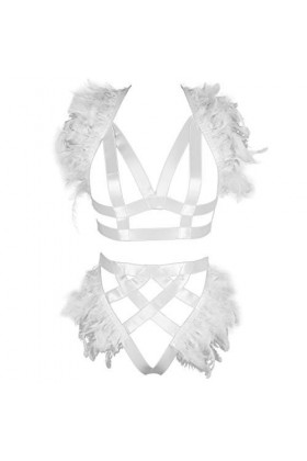 BANSSGOTH Plumes épaulettes Harnais Complet Soutien-Gorge Lingerie Cage Porte-Jarretelles pour Femmes Ensemble Sangle de Poit