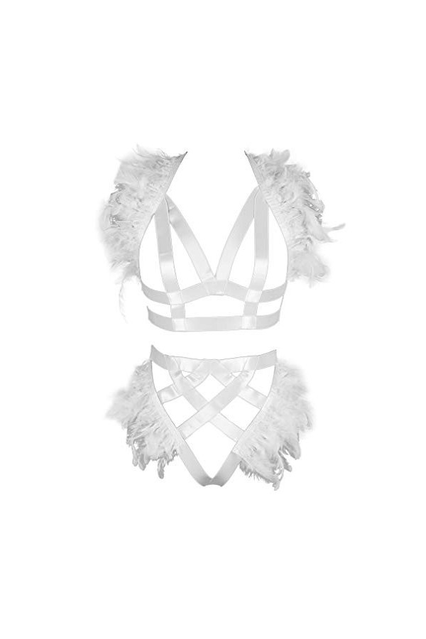 BANSSGOTH Plumes épaulettes Harnais Complet Soutien-Gorge Lingerie Cage Porte-Jarretelles pour Femmes Ensemble Sangle de Poit