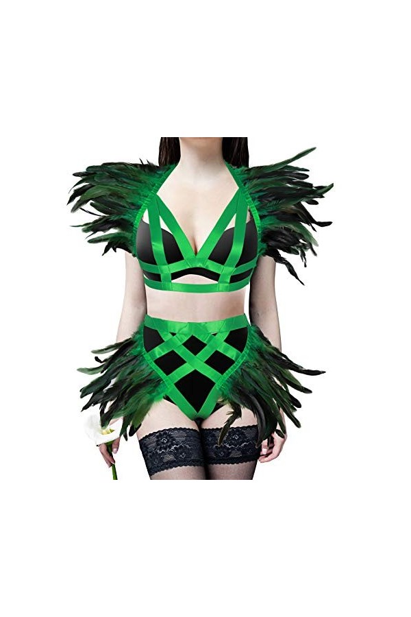 BANSSGOTH Plumes épaulettes Harnais Complet Soutien-Gorge Lingerie Cage Porte-Jarretelles pour Femmes Ensemble Sangle de Poit