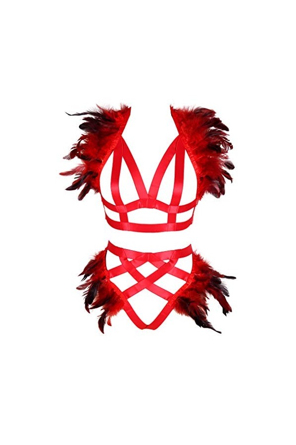 BANSSGOTH Plumes épaulettes Harnais Complet Soutien-Gorge Lingerie Cage Porte-Jarretelles pour Femmes Ensemble Sangle de Poit