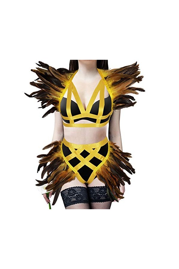 BANSSGOTH Plumes épaulettes Harnais Complet Soutien-Gorge Lingerie Cage Porte-Jarretelles pour Femmes Ensemble Sangle de Poit
