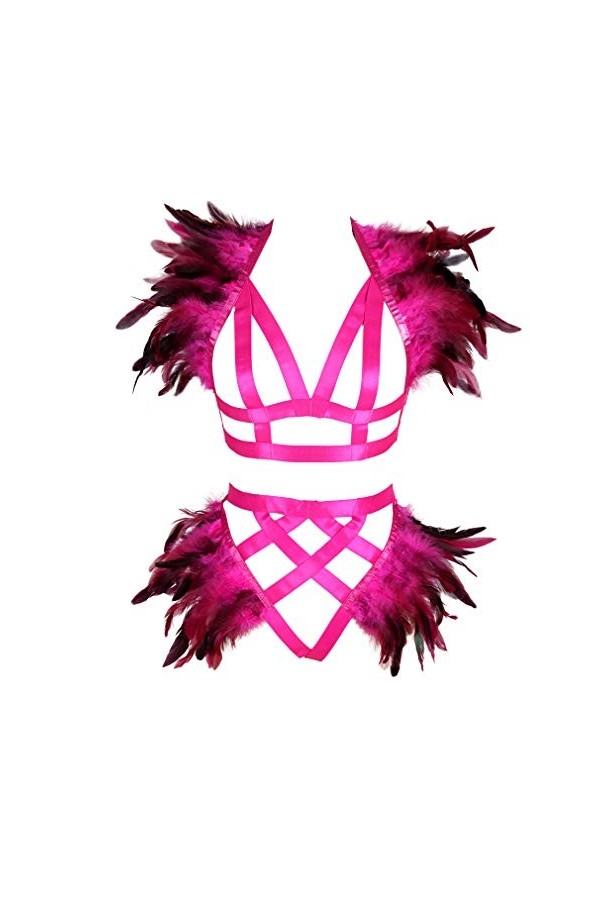 BANSSGOTH Plumes épaulettes Harnais Complet Soutien-Gorge Lingerie Cage Porte-Jarretelles pour Femmes Ensemble Sangle de Poit