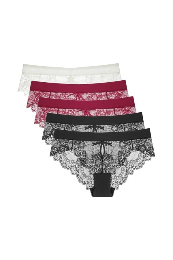 Necalisi Lot de Culotte Femme Lot de 5 Multicolore-6 Culottes en Fibre de Bambou Stretch, Dentelle String Slips Ultra Doux & 