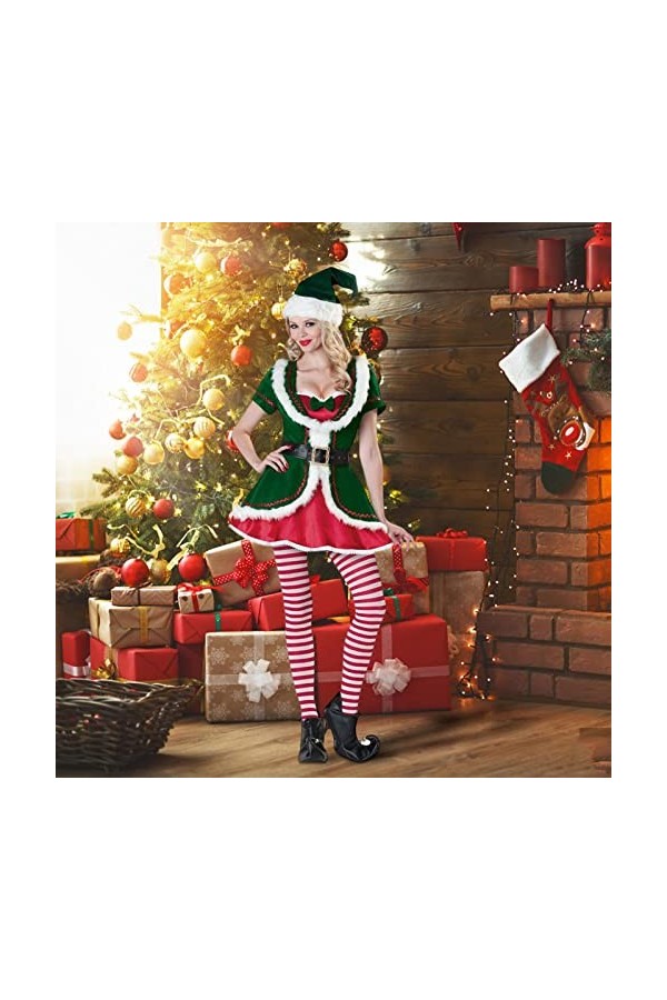 Costume Elfe Femme Noël - Noël Pour Femmes Sexy | Vert Elf Lady Velours Robe Noël Sexy Arbre Noël Vêtements Costume Père Noël