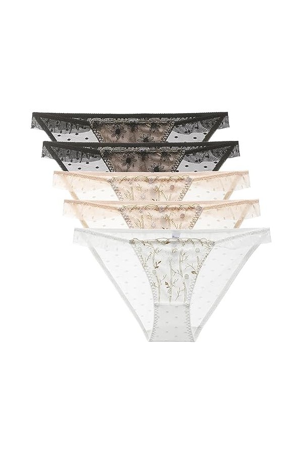 Necalisi Lot de Culotte Femme Lot de 5 Multicolore-3 Culotte Cheeky brésilienne en Coton et Dentelle Femme Slips Ultra Doux C