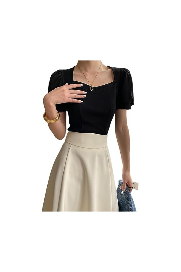 OATTIS 3D Cut Love Square Neck Bubble Short Sleeve T-Shirt Underlay Spring/Summer,Couleur2,M