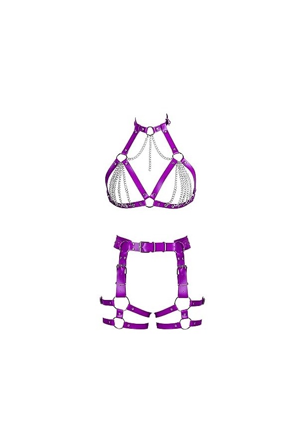 Femmes Body Strap Cuir Soutien - Gorge élégant évidé sans Tasse Garter Set Punk Gothique Halloween Rave Costume 3 Rose 