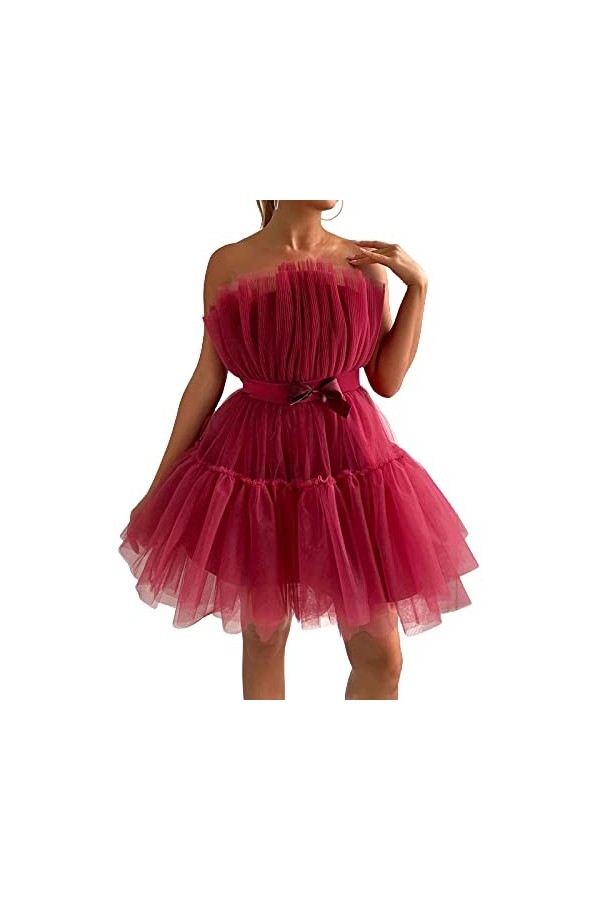 Hongsuny Femmes Sexy Hors des épaules Manches Tulle Tulle Mesh Tube Tube Top Prince Party Club Mini Jupe