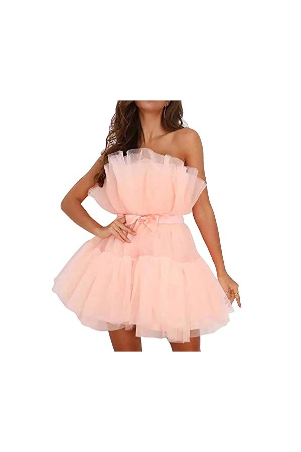 Hongsuny Femmes Sexy Hors des épaules Manches Tulle Tulle Mesh Tube Tube Top Prince Party Club Mini Jupe