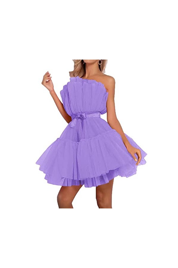 Hongsuny Femmes Sexy Hors des épaules Manches Tulle Tulle Mesh Tube Tube Top Prince Party Club Mini Jupe