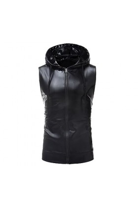 DCIUSTFHE Hommes Sexy Cuir Verni Décontracté Capuche Cordon De Serrage Zip T-Shirt Gilets Boîte De Nuit Barres DS Scène Costu