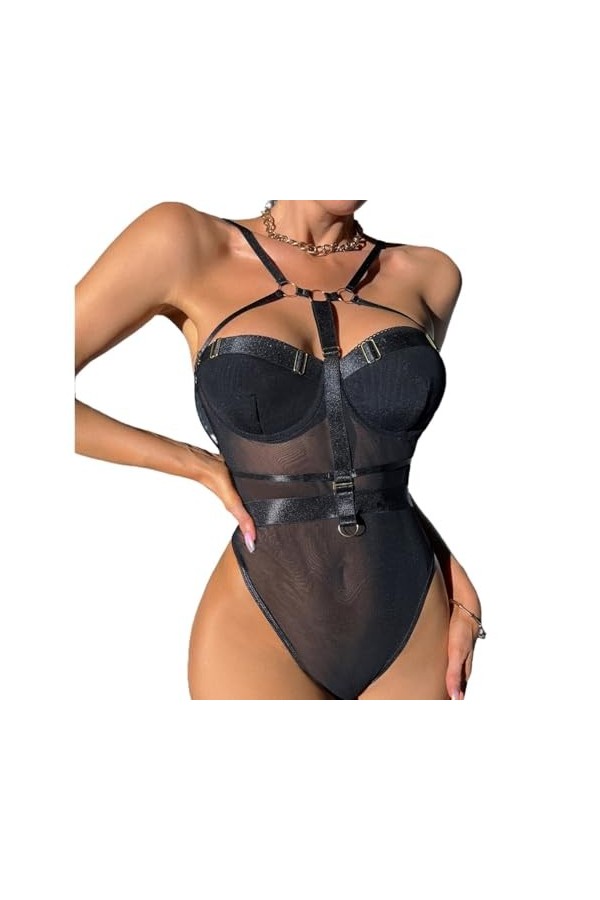 DAGIN Lingerie pour Femme Une pièce Teddy Lingerie Sexy Body Transparent Assorti Ensemble de Lingerie Color : Noir, Size : L