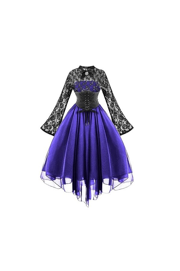 KBOPLEMQ Vêtements médiévaux pour femme - Corset en dentelle - Robe de cocktail à manches longues - Robe punk - Robe en mouss