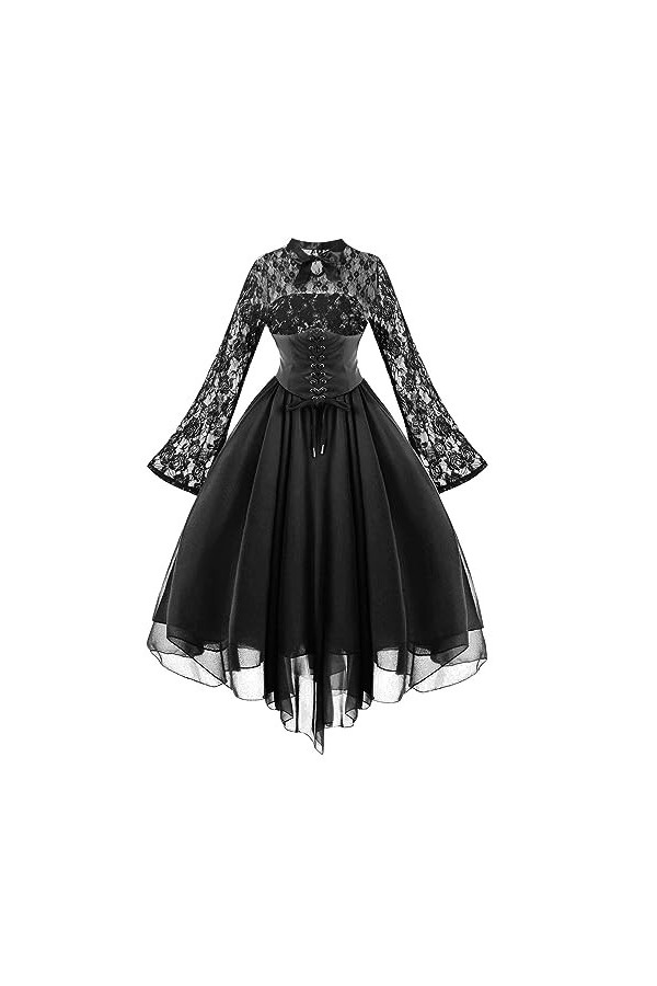 KBOPLEMQ Vêtements médiévaux pour femme - Corset en dentelle - Robe de cocktail à manches longues - Robe punk - Robe en mouss