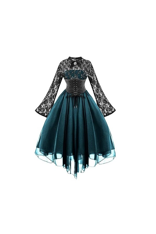 KBOPLEMQ Vêtements médiévaux pour femme - Corset en dentelle - Robe de cocktail à manches longues - Robe punk - Robe en mouss