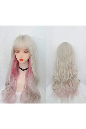 DUNEL Wig For Women Long Curly Wavy Wig White Mixed Pink Costume Cosplay Wigs for Women Beauty for Daily