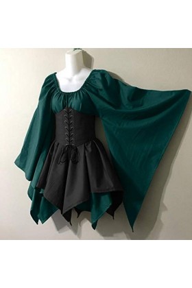 IQYU Robe festive pour femme - Carnaval - M - Costume de cosplay - Robe corset rétro à manches longues - Robe sexy, vert, L