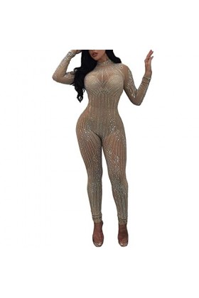 HHSclothing Lutin Sexy Costume Discothèque Femme Sequin Col Haut Manches Longues Combinaison Soirée Slim Fit Sexy Body Combin