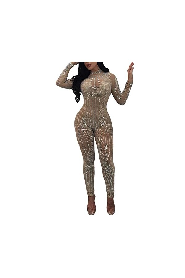 HHSclothing Lutin Sexy Costume Discothèque Femme Sequin Col Haut Manches Longues Combinaison Soirée Slim Fit Sexy Body Combin