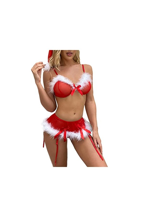 UIVHLW sous-Vêtements Évidés Poitrine Pad Noël Rouge Bowknot Femmes sous-Vêtements Perspective Dentelle Costumes