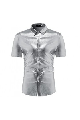 DCIUSTFHE Hommes Sexy Cuir Verni Décontracté Manches Courtes Cardigan Bas Chemises Boîte De Nuit Danse Barres DS Scène Costum