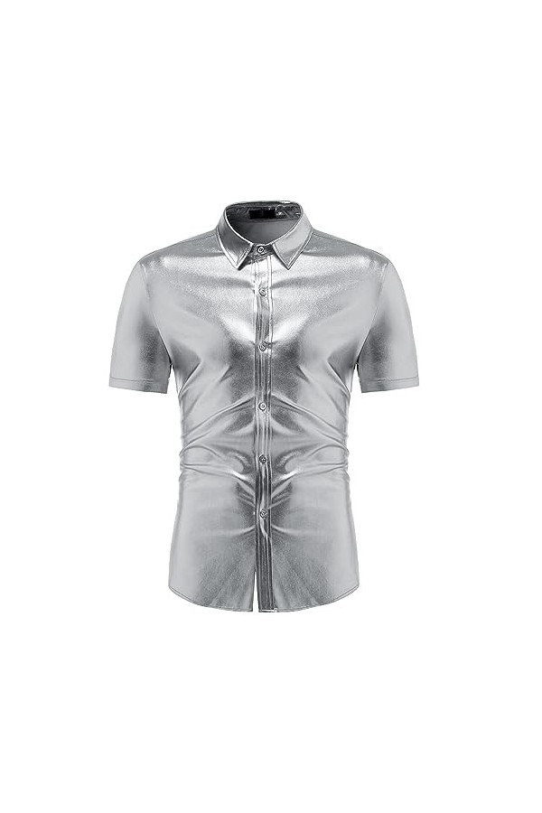 DCIUSTFHE Hommes Sexy Cuir Verni Décontracté Manches Courtes Cardigan Bas Chemises Boîte De Nuit Danse Barres DS Scène Costum