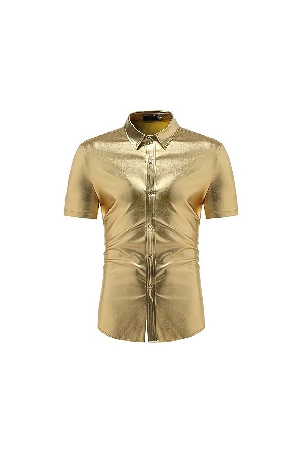 DCIUSTFHE Hommes Sexy Cuir Verni Décontracté Manches Courtes Cardigan Bas Chemises Boîte De Nuit Danse Barres DS Scène Costum