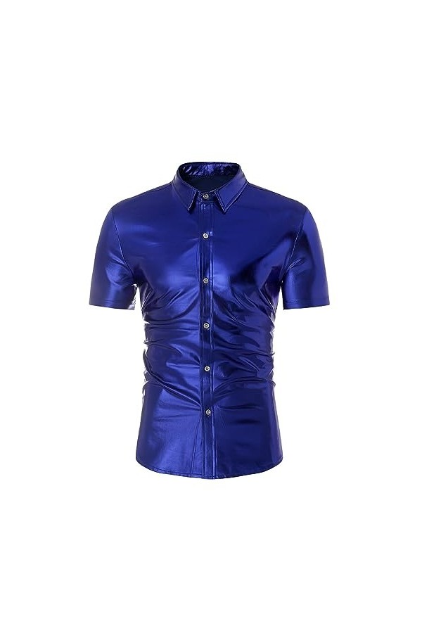 DCIUSTFHE Hommes Sexy Cuir Verni Décontracté Manches Courtes Cardigan Bas Chemises Boîte De Nuit Danse Barres DS Scène Costum