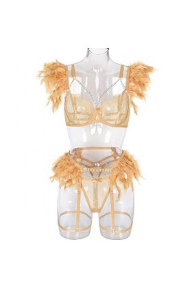 COOKOE Ensemble de lingerie à plumes sexy en dentelle transparente avec soutien-gorge et chaîne