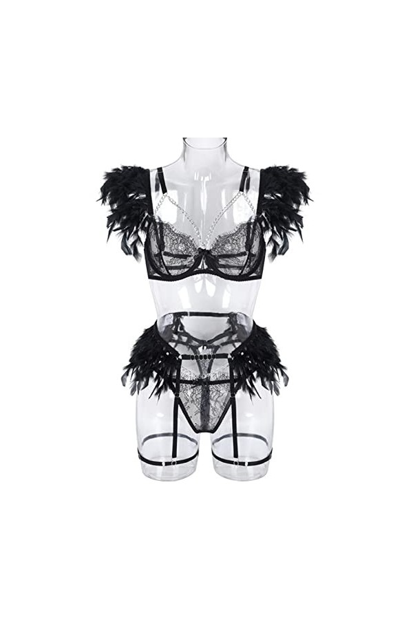 COOKOE Ensemble de lingerie à plumes sexy en dentelle transparente avec soutien-gorge et chaîne