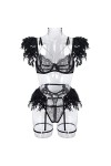 COOKOE Ensemble de lingerie à plumes sexy en dentelle transparente avec soutien-gorge et chaîne