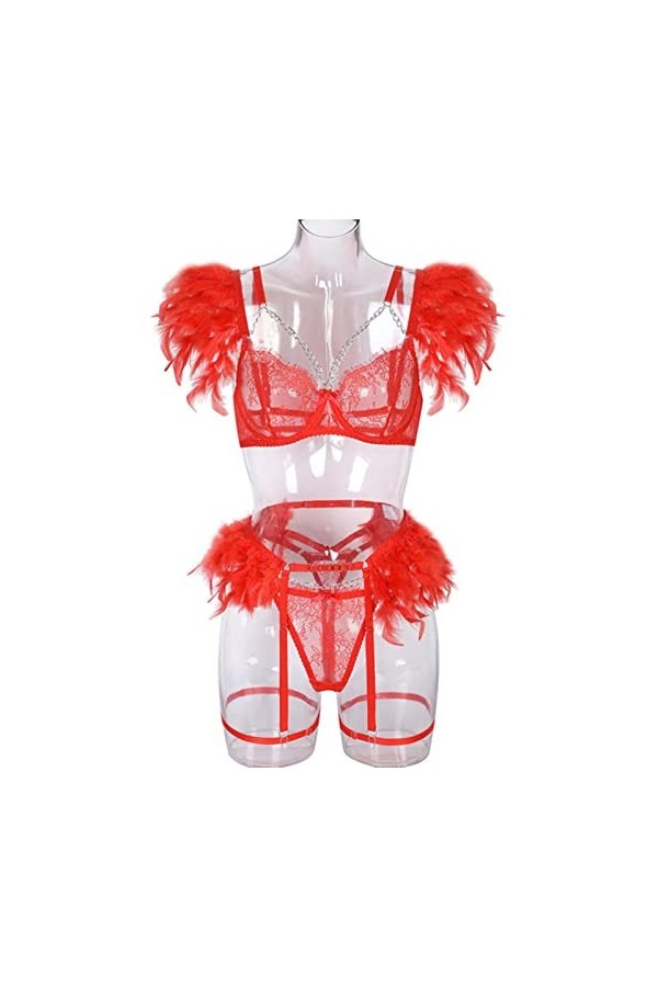 COOKOE Ensemble de lingerie à plumes sexy en dentelle transparente avec soutien-gorge et chaîne