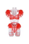 COOKOE Ensemble de lingerie à plumes sexy en dentelle transparente avec soutien-gorge et chaîne