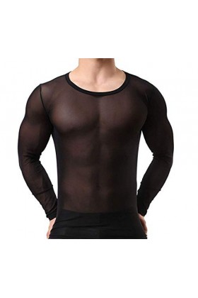 Débardeur pour homme - Transparent - Noir - Manches longues - Sexy - En nylon - Mailles - Transparent - Noir - L - XL