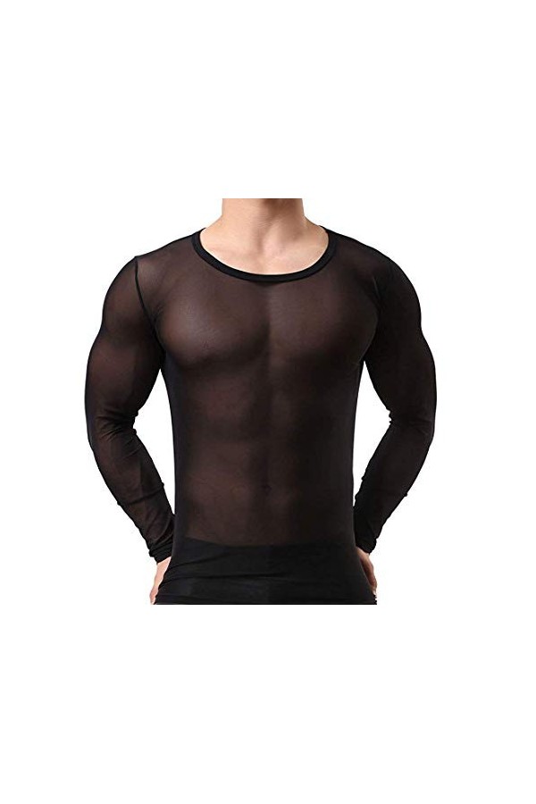 Débardeur pour homme - Transparent - Noir - Manches longues - Sexy - En nylon - Mailles - Transparent - Noir - L - XL