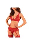 Obsessiveensemble Soutien-Gorge+String+Porte-Jarretelles Lacelove 3-Pcs Set, Rouge,XL-2XL
