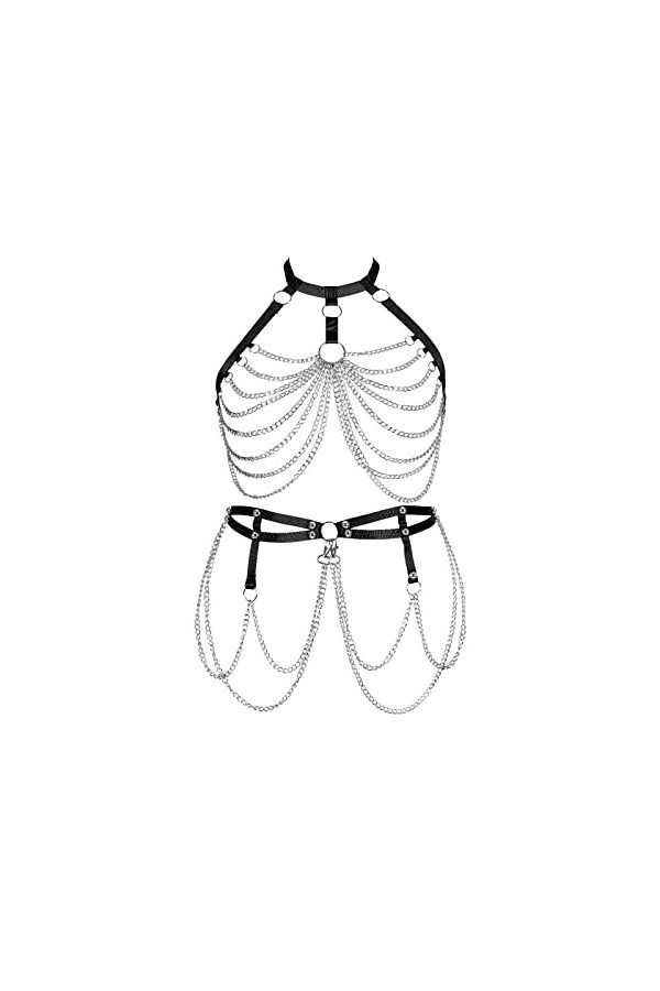 Harnais de corps pour femme grande taille avec bretelles ajourées et porte-jarretelles Noir O168 + P35