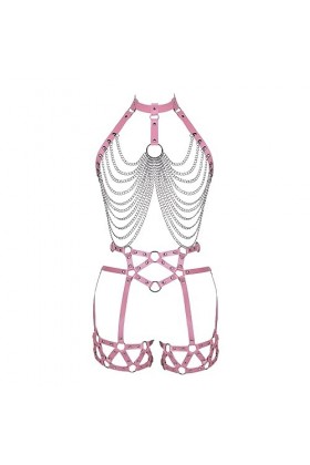 Femmes Body Strap Cuir Soutien - Gorge Creux Cupless Garter Costume Punk Gothique Halloween Club Costume de carnava Rose Rou